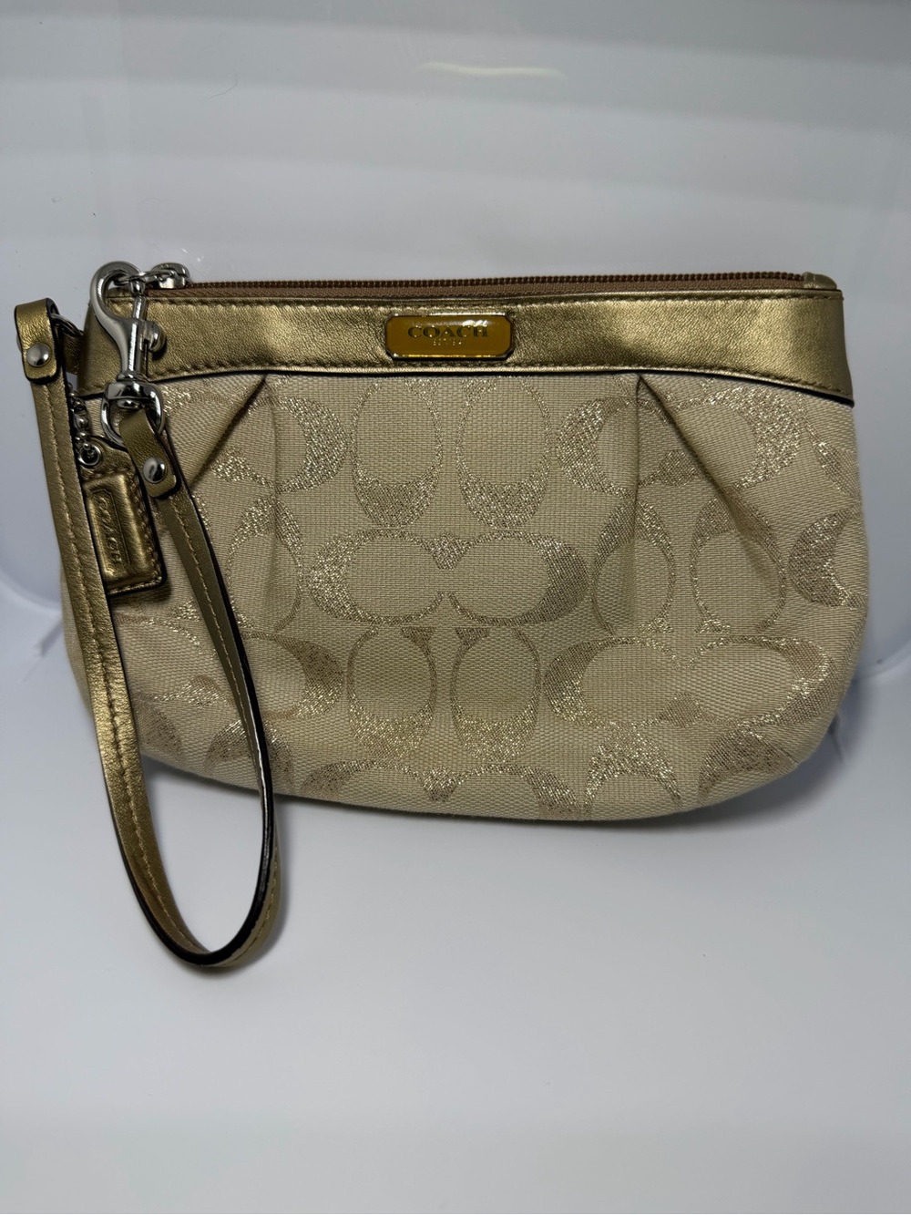 Coach Cream Signature Wristlet with Gold Trim